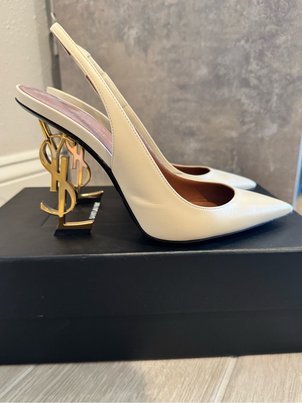 Saint Laurent YSL Opyum 100mm Ivory Slingback Pumps YSL Logo Heel - Picture 3 of 14